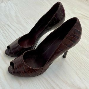 MaxMara Brown Leather Croc Embossed Peep Toe High Heel EU 37 US 7